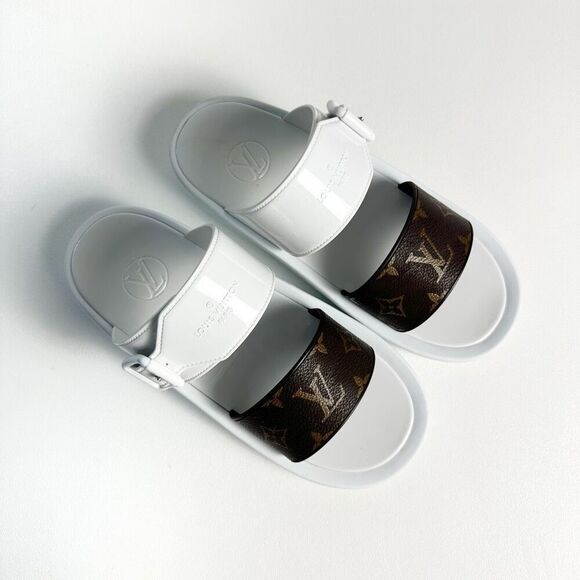 LOUIS VUITTON White Sunbath Flat Slide Sandals 39 US 9 Brown Monogram Canvas - Picture 3 of 12